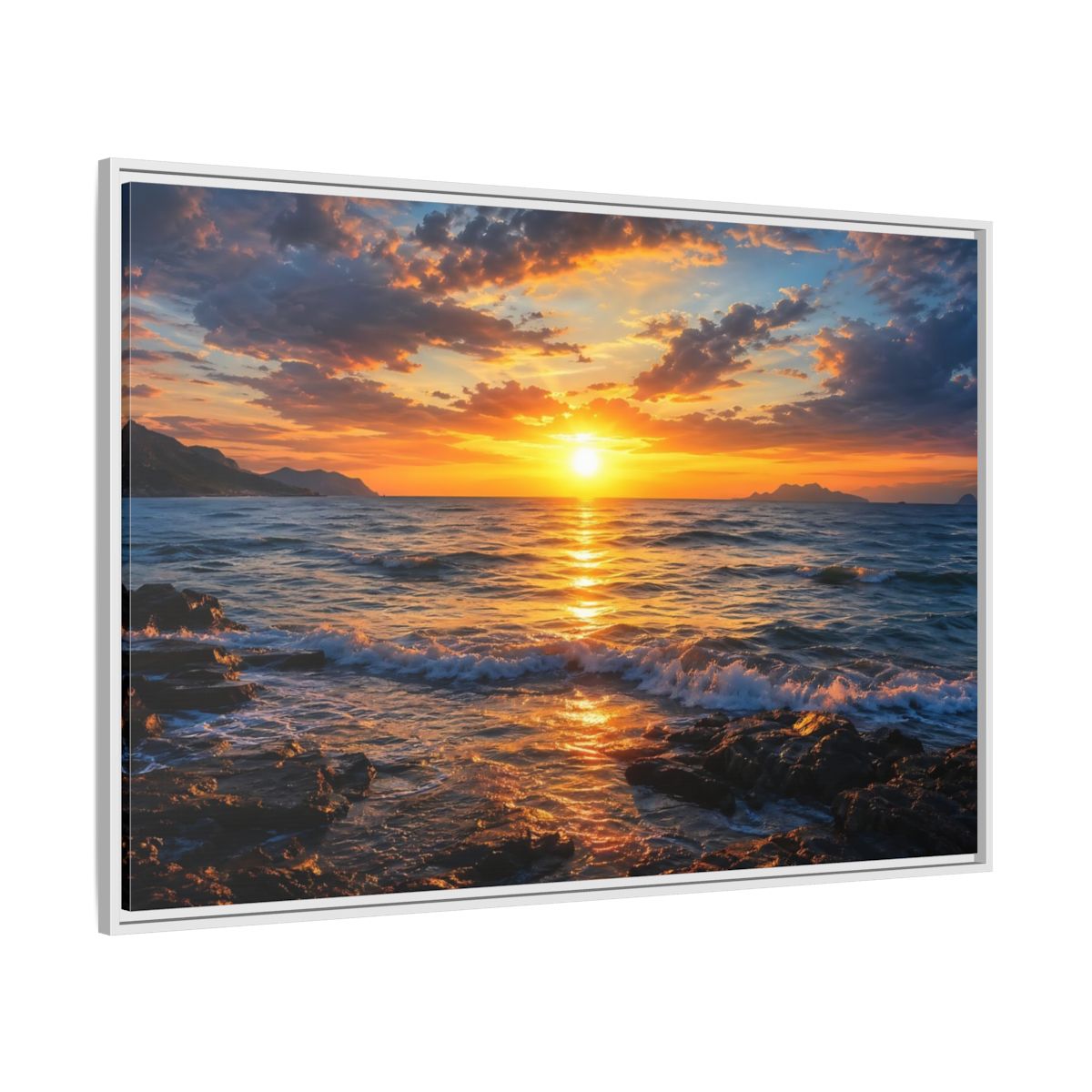Side Mockup 7. Nature Ocean Sunset Orange And Blue Sunset shown as stretched canvas wall art