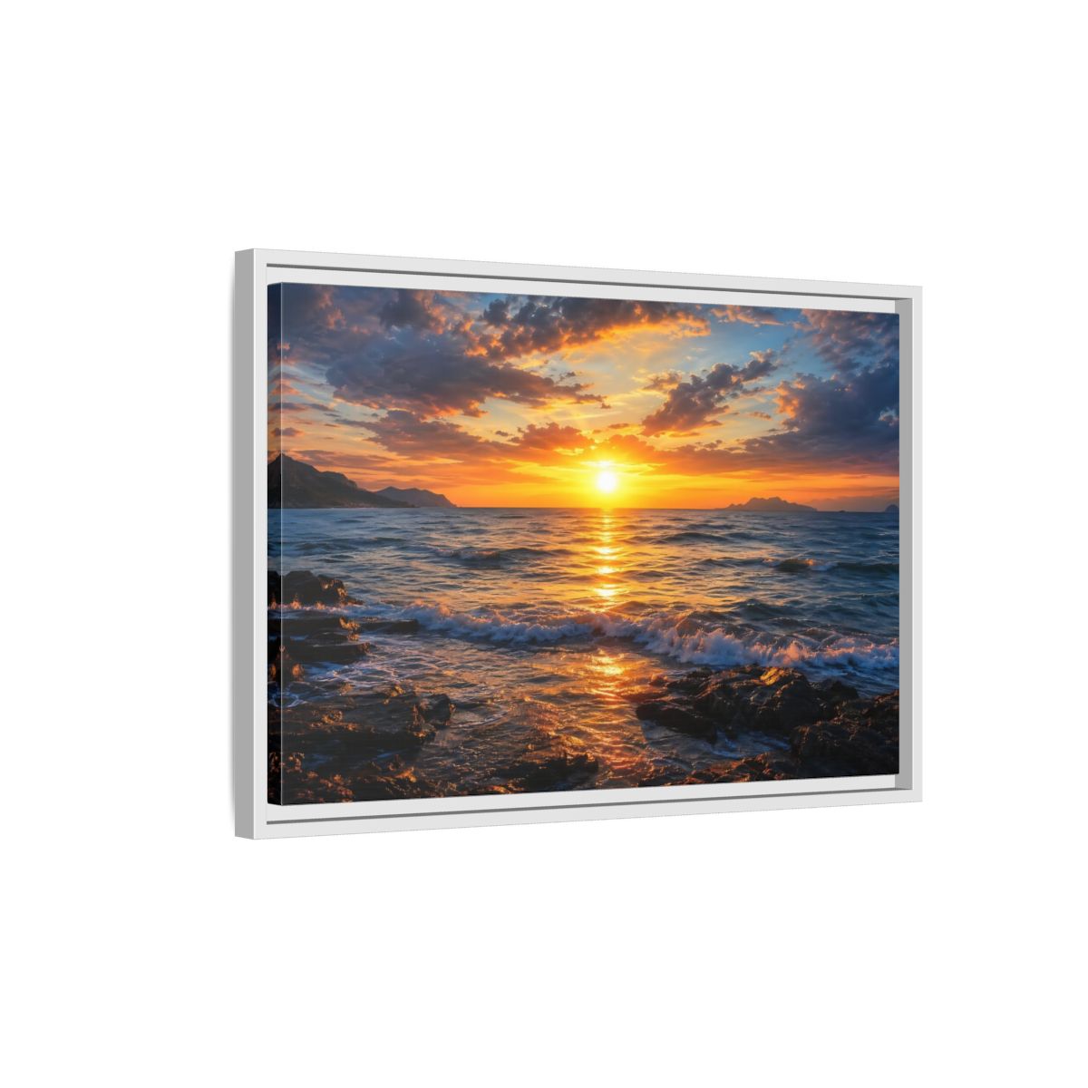 Side Mockup 1. Nature Ocean Sunset Orange And Blue Sunset shown as stretched canvas wall art