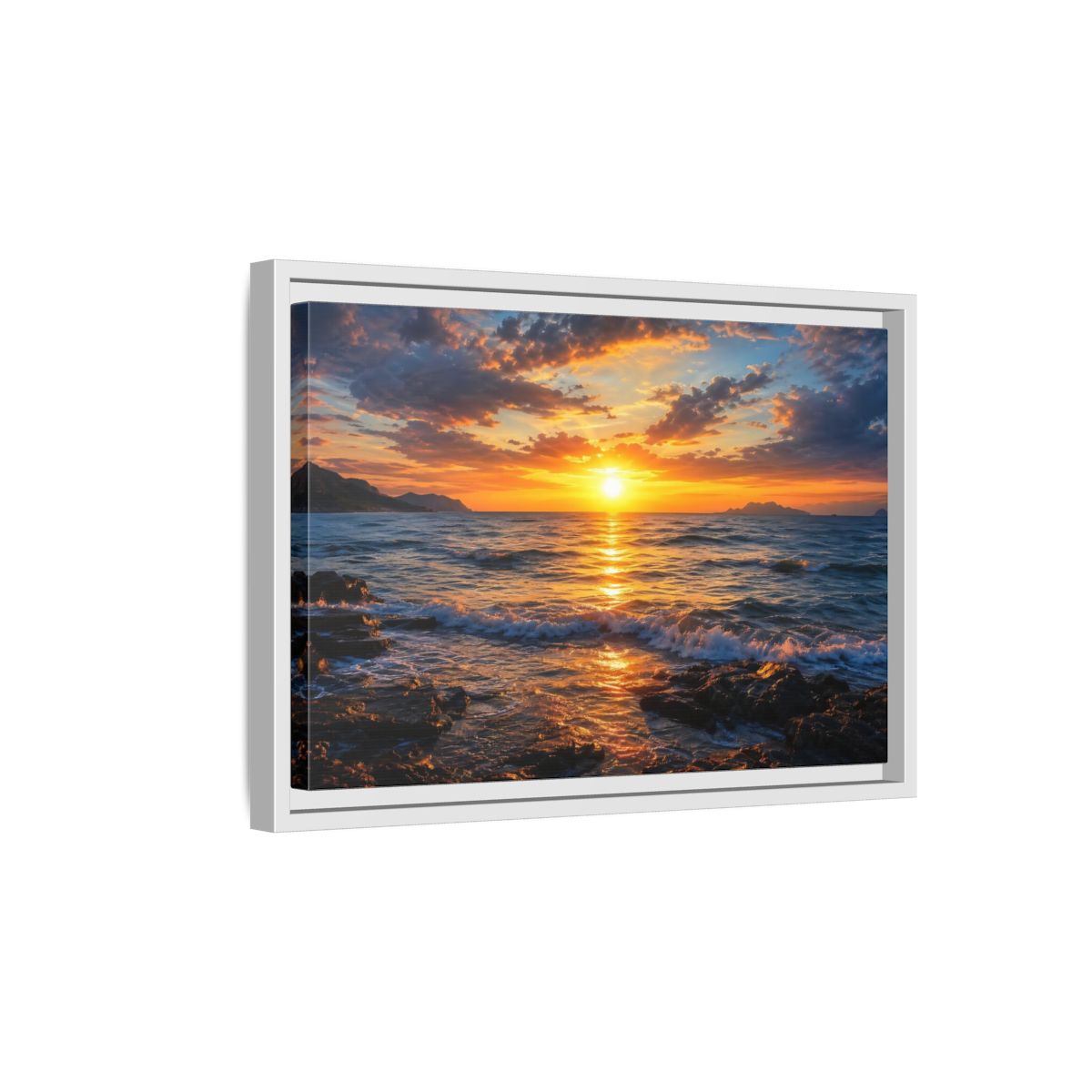 Side Mockup 4. Nature Ocean Sunset Orange And Blue Sunset shown as stretched canvas wall art