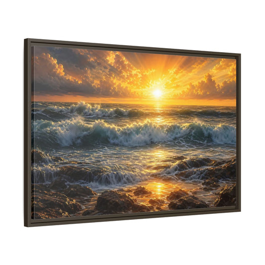Main Mockup. Nature Ocean Sunset Orange And Blue Sunset shown as stretched canvas wall art
