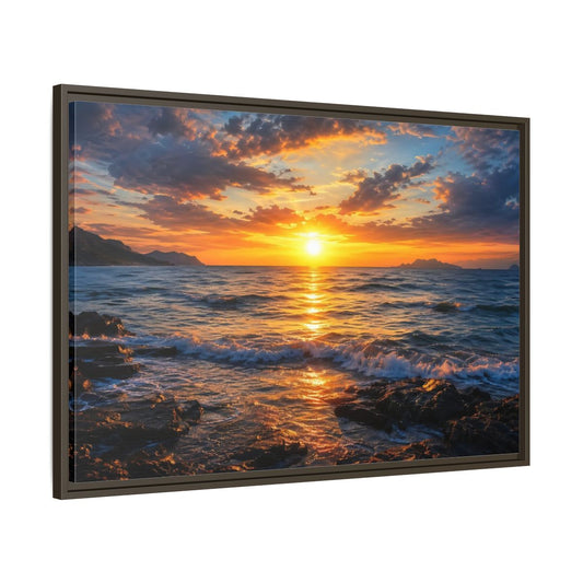 Main Mockup. Nature Ocean Sunset Orange And Blue Sunset shown as stretched canvas wall art