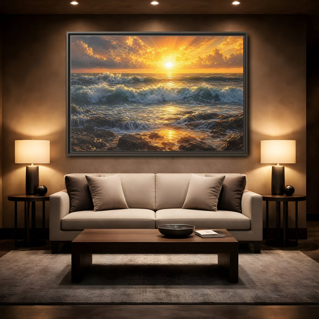 Mockup 2. Nature Ocean Sunset Orange And Blue Sunset shown as stretched canvas wall art