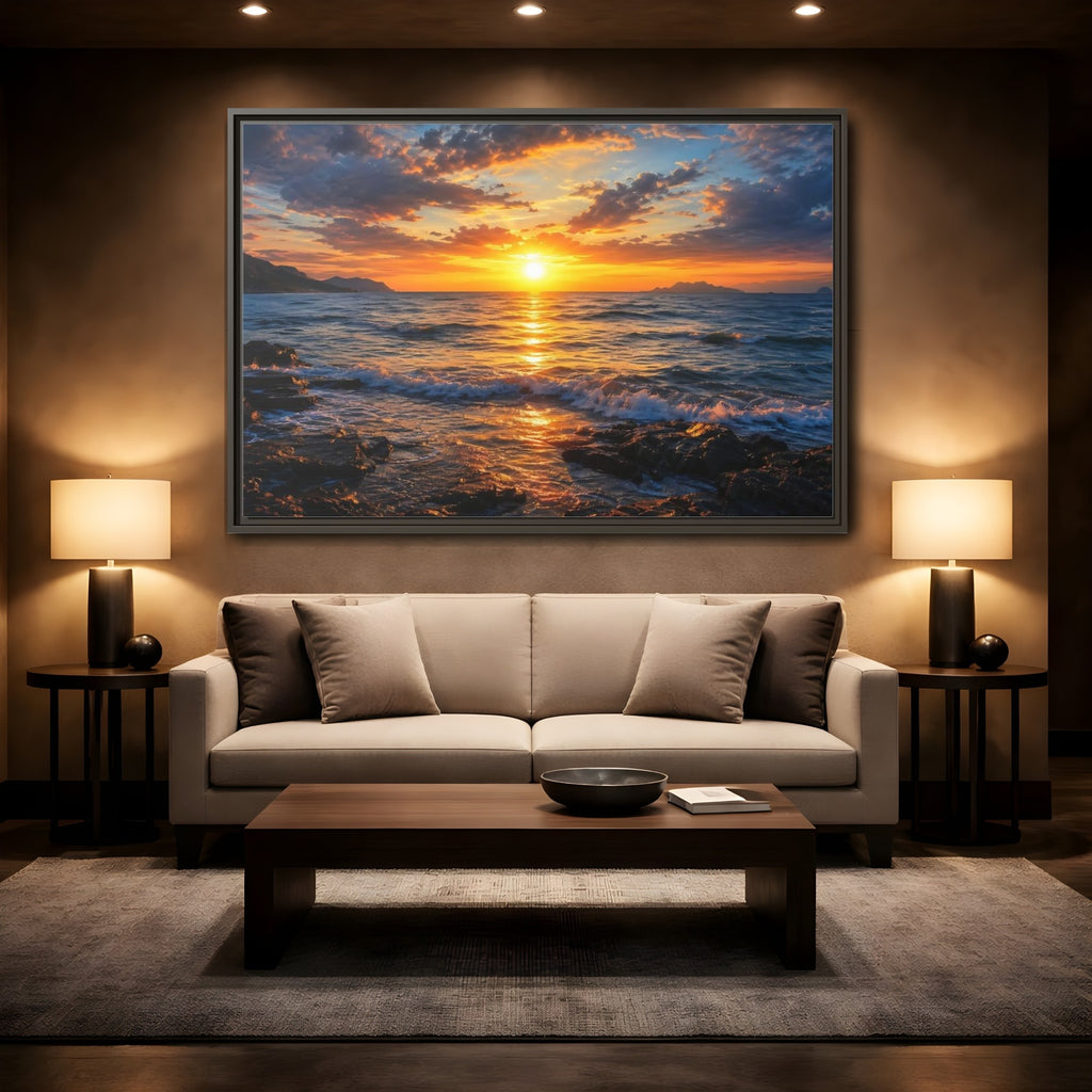 Mockup 2. Nature Ocean Sunset Orange And Blue Sunset shown as stretched canvas wall art
