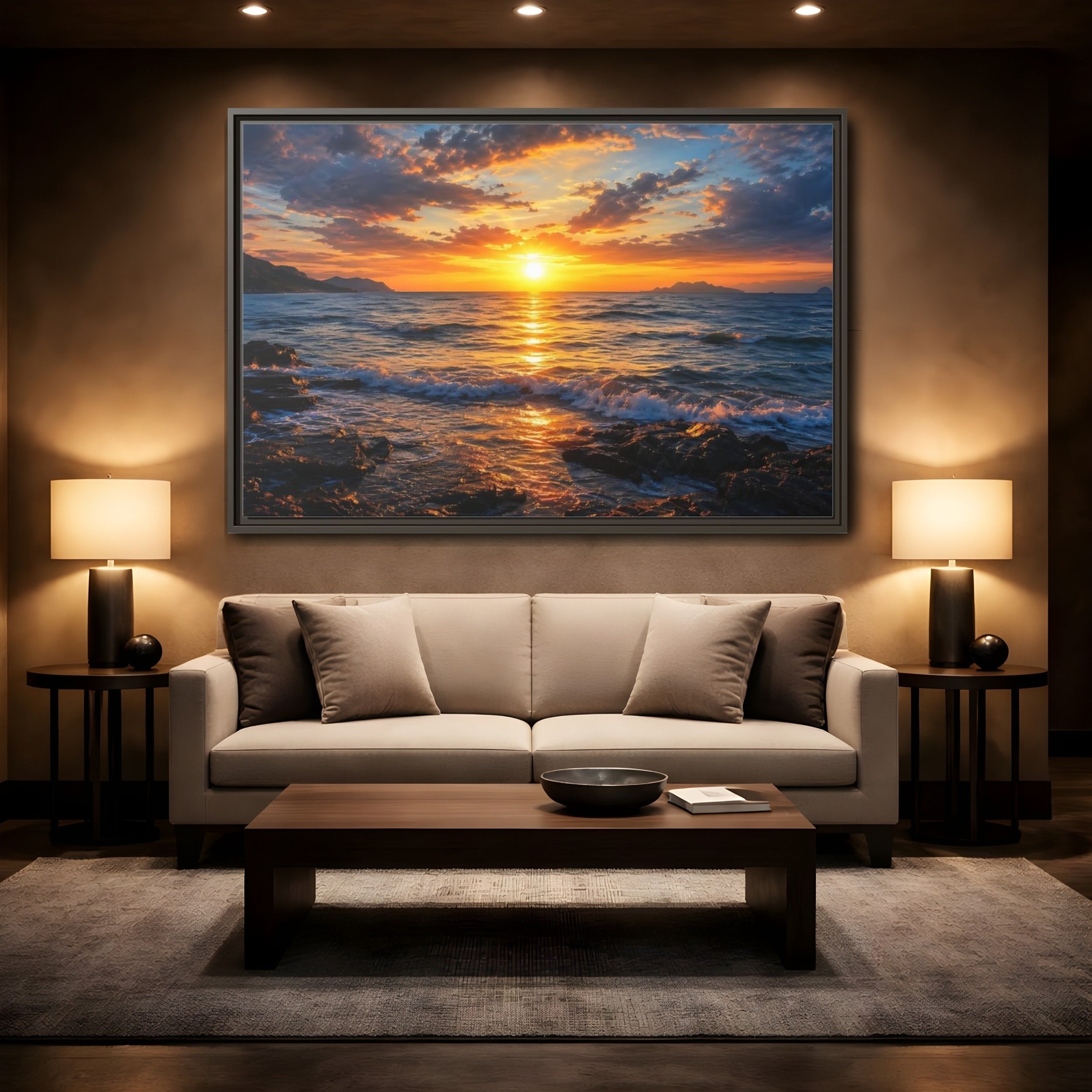 Mockup 2. Nature Ocean Sunset Orange And Blue Sunset shown as stretched canvas wall art