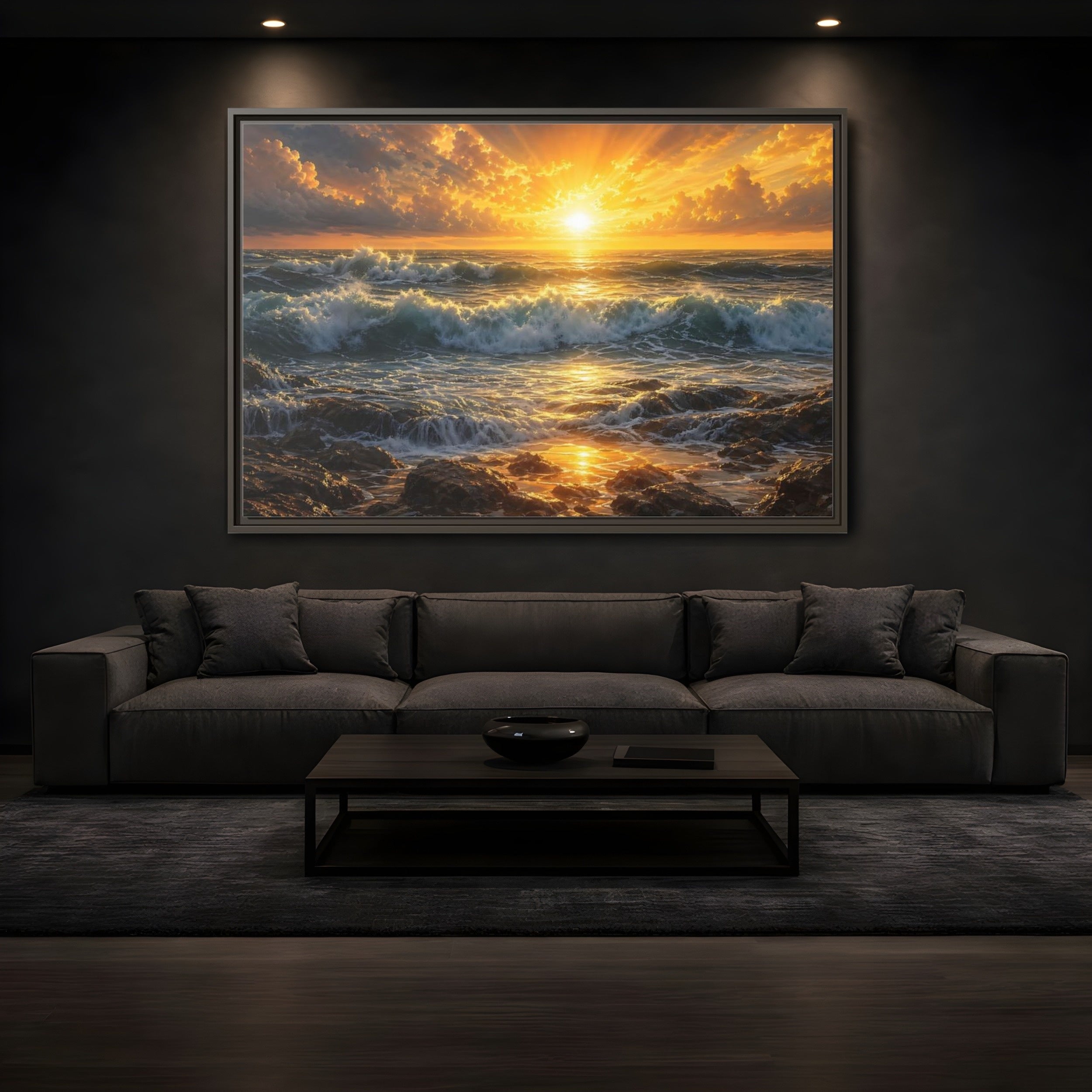 Mockup 3. Nature Ocean Sunset Orange And Blue Sunset shown as stretched canvas wall art