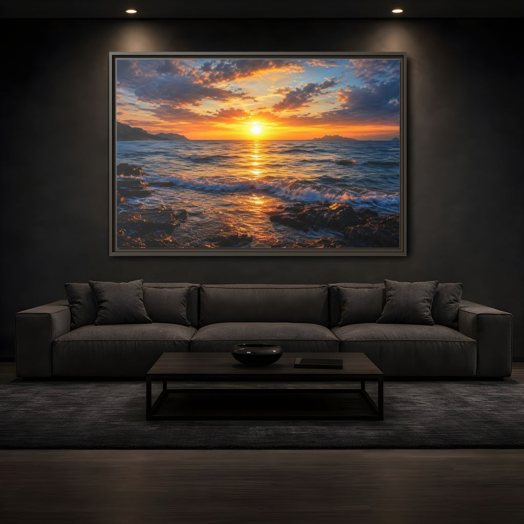 Mockup 3. Nature Ocean Sunset Orange And Blue Sunset shown as stretched canvas wall art