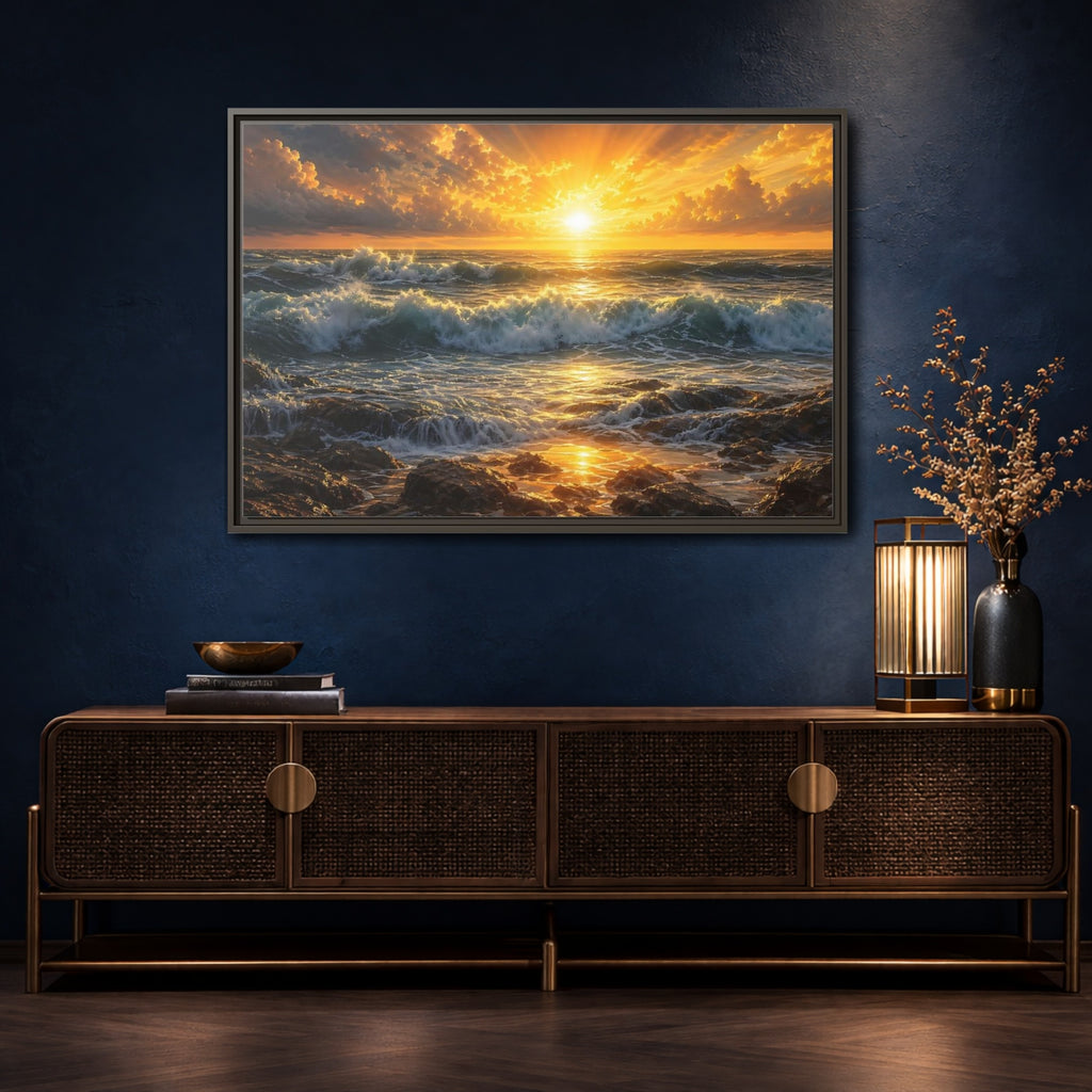 Mockup 4. Nature Ocean Sunset Orange And Blue Sunset shown as stretched canvas wall art