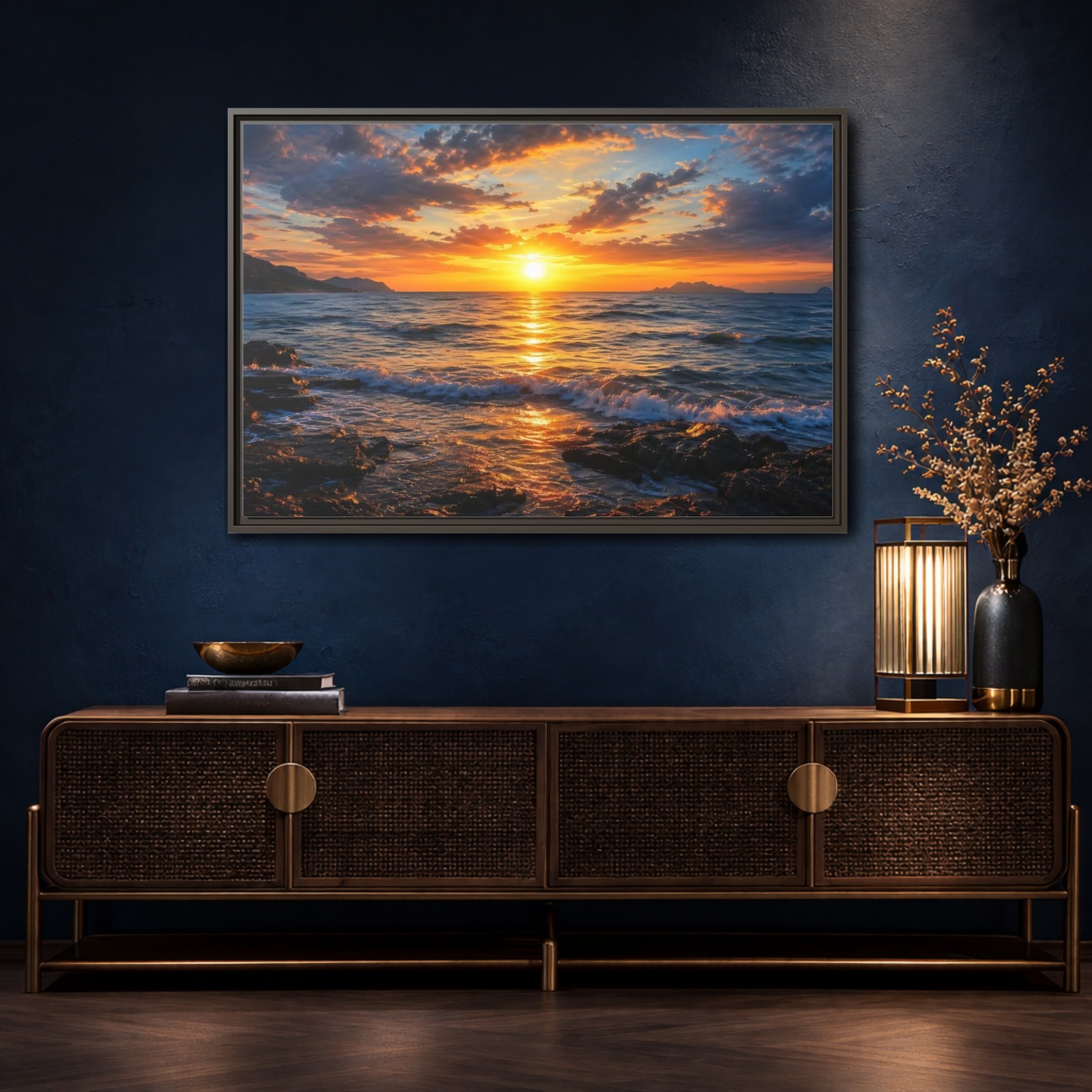 Mockup 4. Nature Ocean Sunset Orange And Blue Sunset shown as stretched canvas wall art