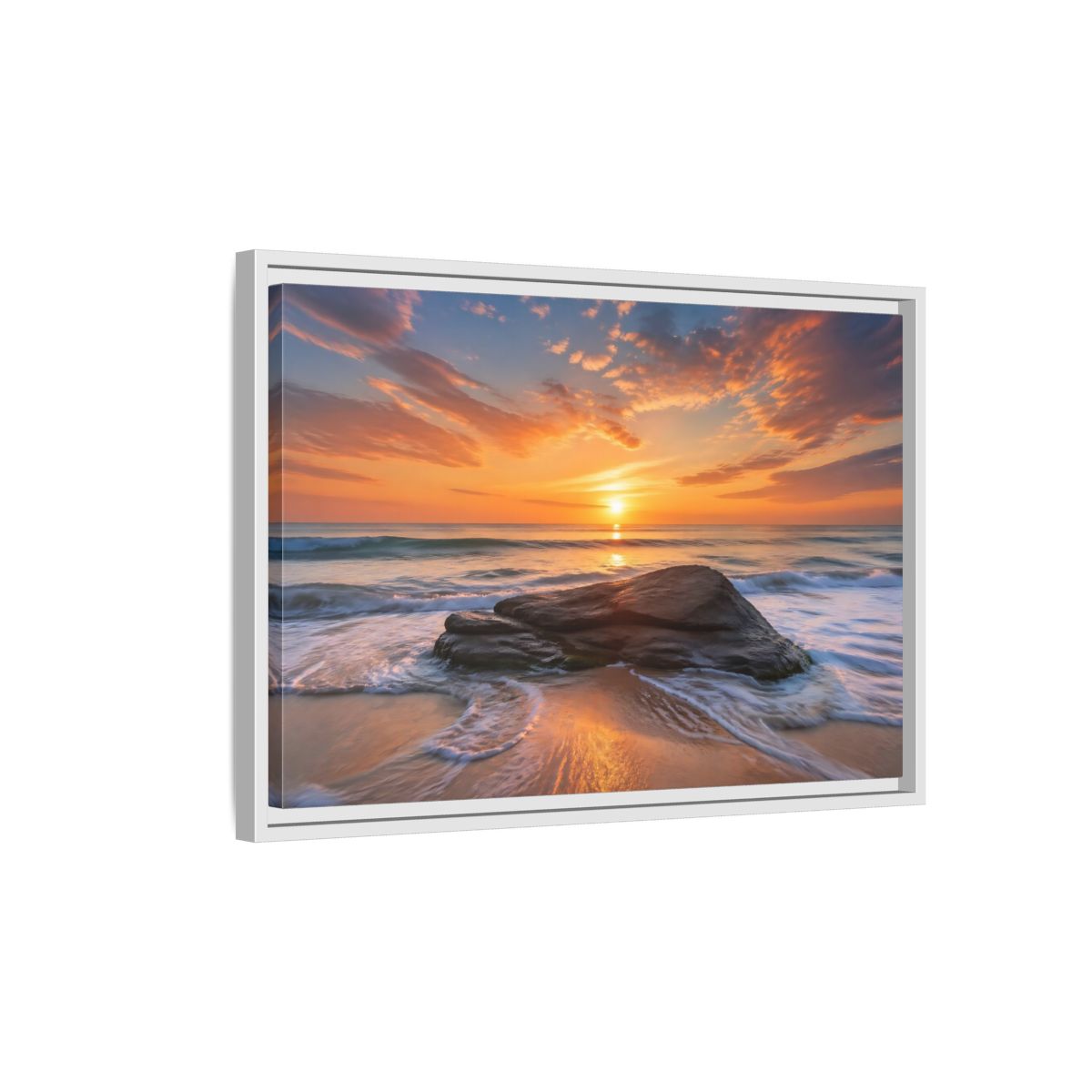 Side Mockup 1. Nature Ocean Sunset Orange Sunset Beach shown as stretched canvas wall art
