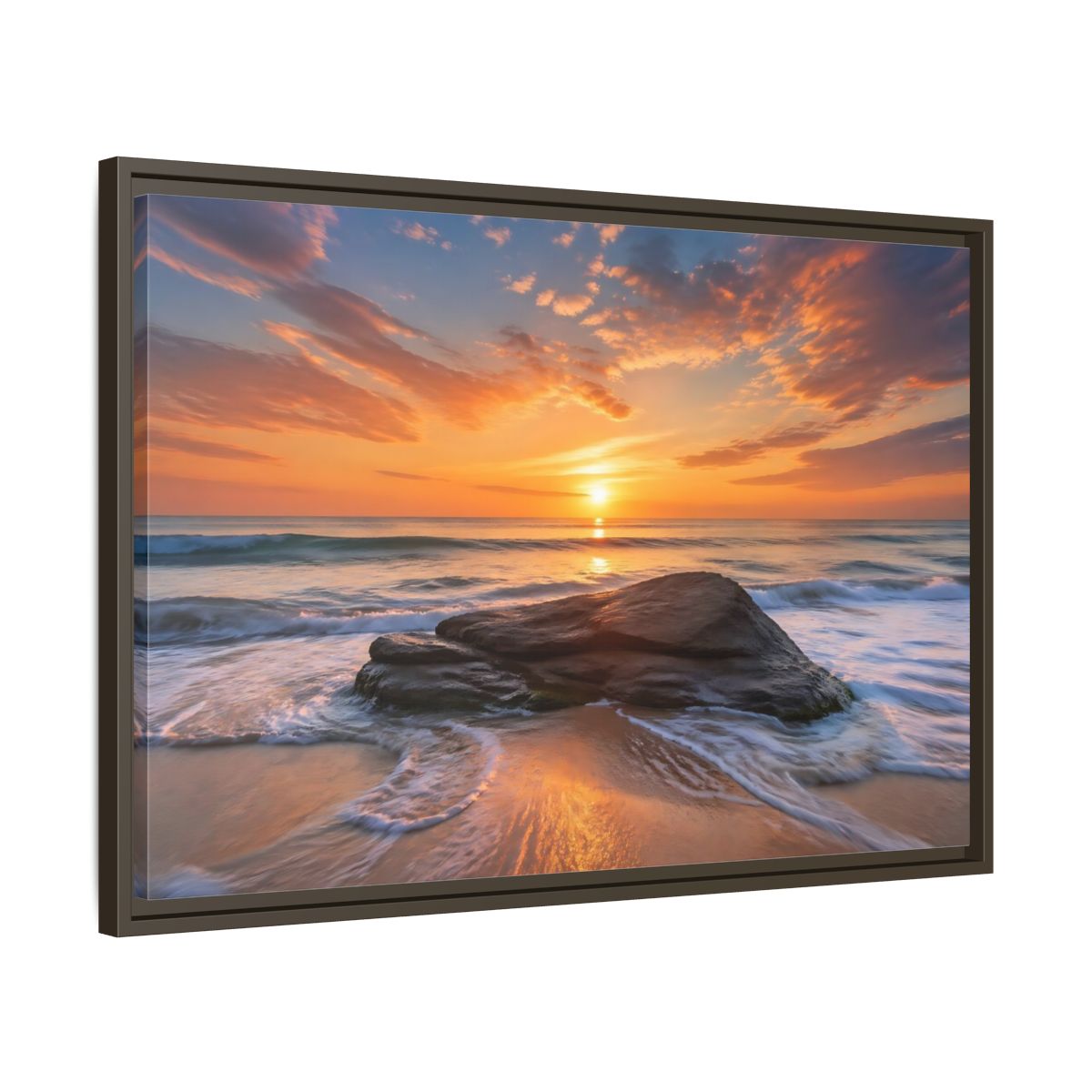 Side Mockup 11. Nature Ocean Sunset Orange Sunset Beach shown as stretched canvas wall art