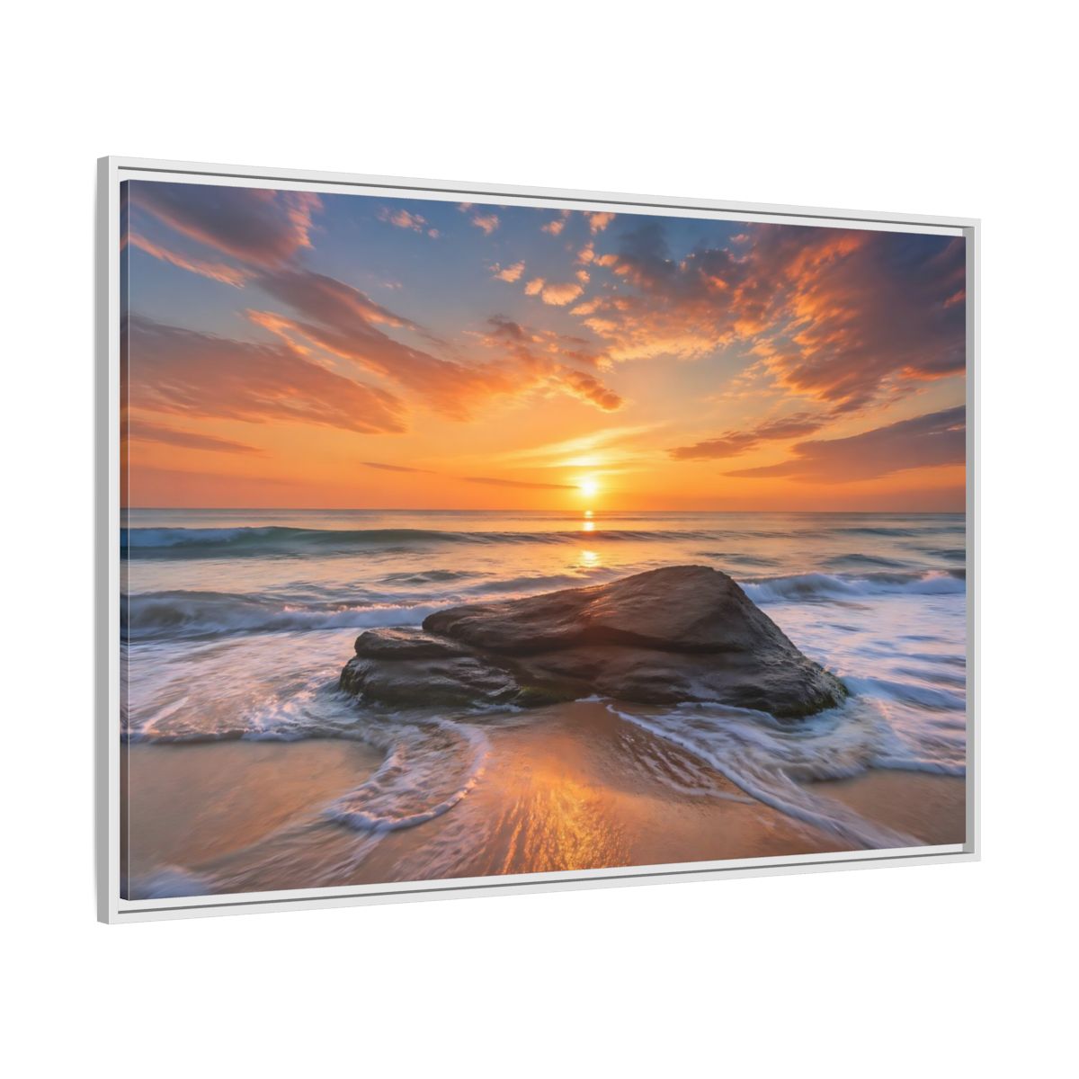 Side Mockup 7. Nature Ocean Sunset Orange Sunset Beach shown as stretched canvas wall art