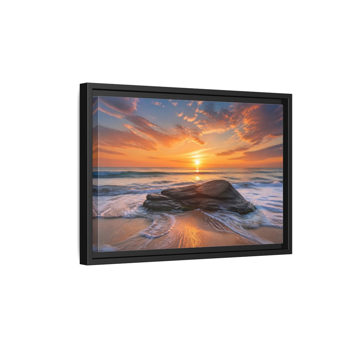 Side Mockup 6. Nature Ocean Sunset Orange Sunset Beach shown as stretched canvas wall art