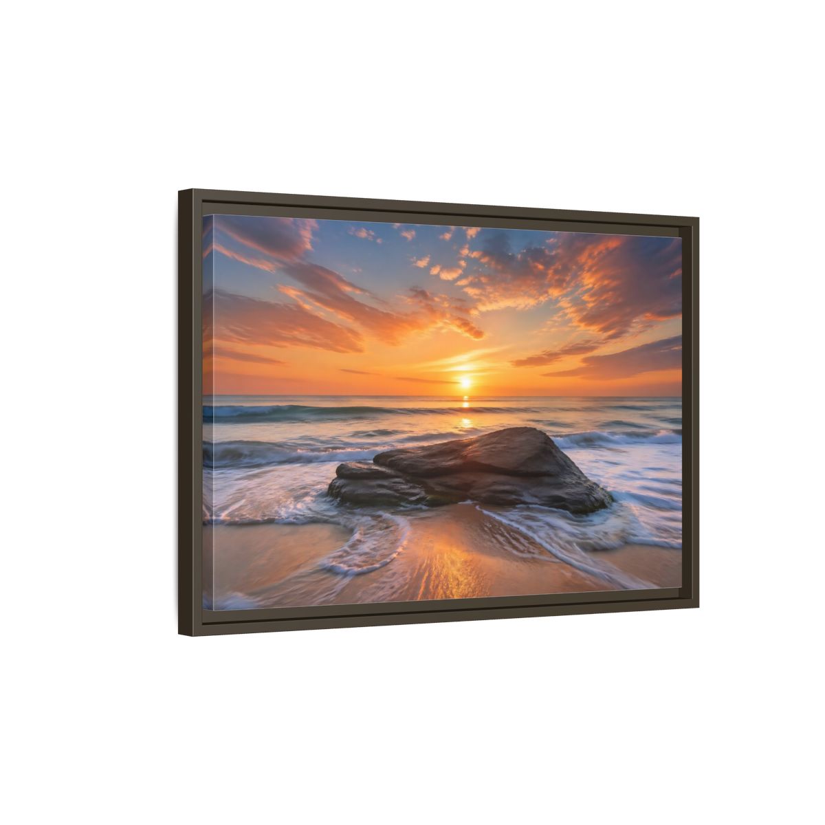 Side Mockup 2. Nature Ocean Sunset Orange Sunset Beach shown as stretched canvas wall art