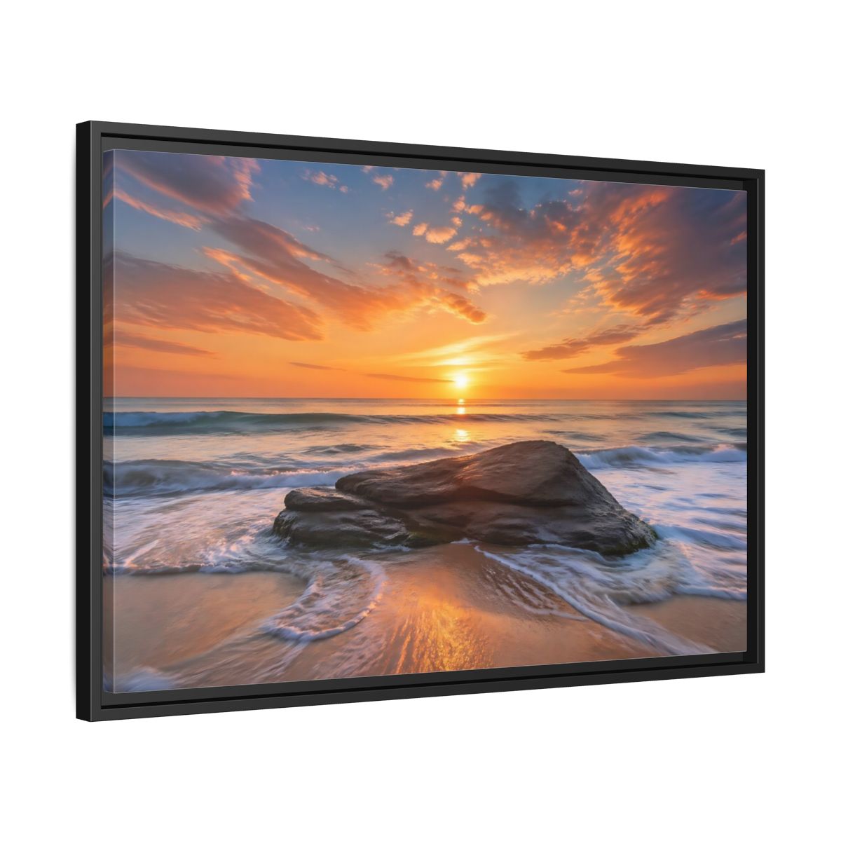 Side Mockup 14. Nature Ocean Sunset Orange Sunset Beach shown as stretched canvas wall art