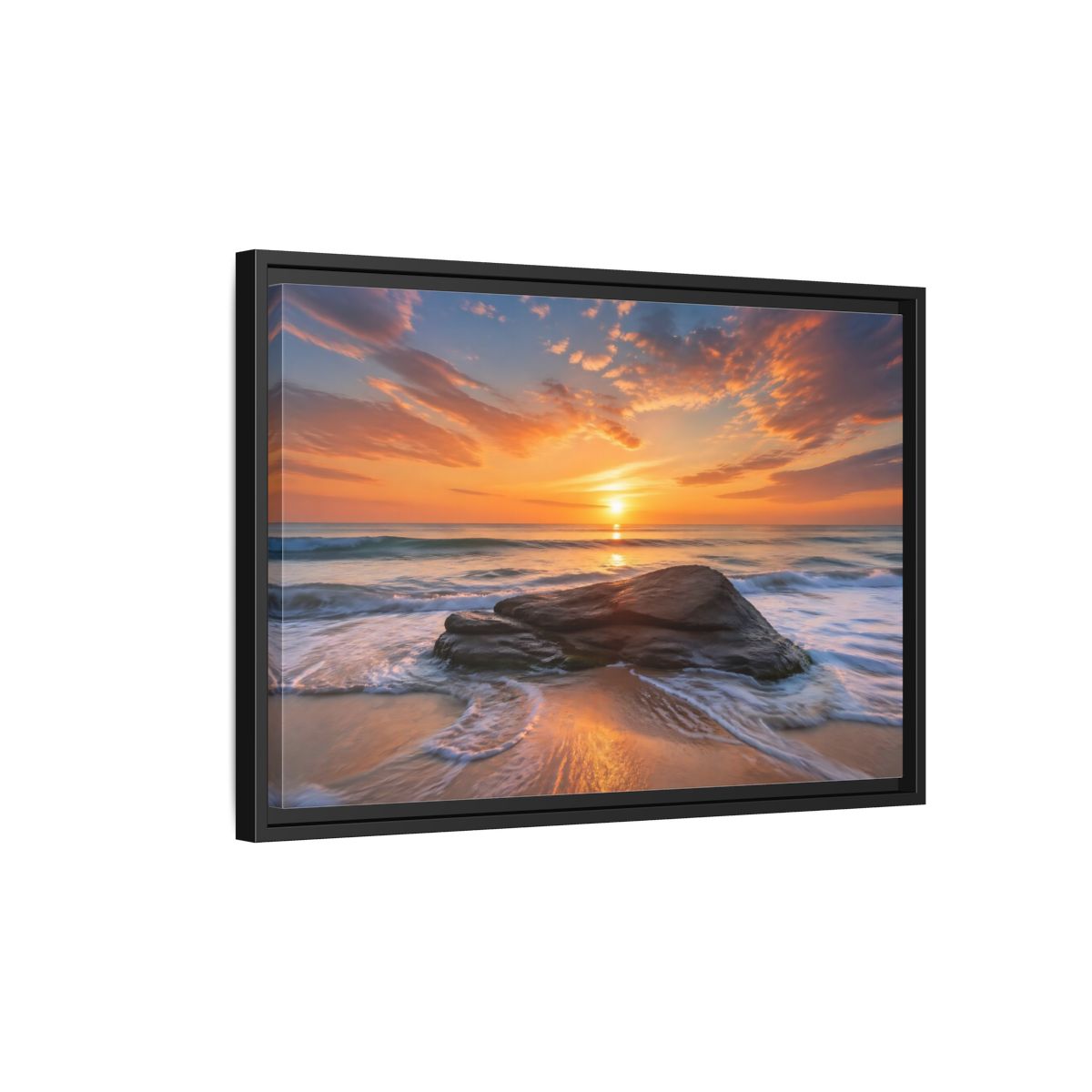 Side Mockup 3. Nature Ocean Sunset Orange Sunset Beach shown as stretched canvas wall art