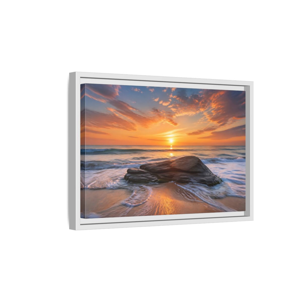 Side Mockup 4. Nature Ocean Sunset Orange Sunset Beach shown as stretched canvas wall art