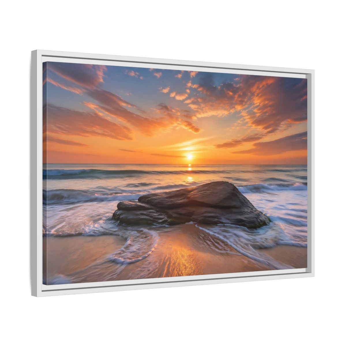 Side Mockup 10. Nature Ocean Sunset Orange Sunset Beach shown as stretched canvas wall art