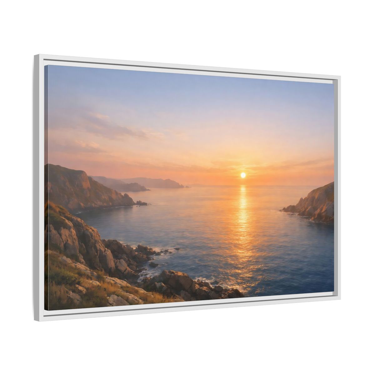 Side Mockup 9. Nature Ocean Sunset Orange Blue Sunset shown as stretched canvas wall art