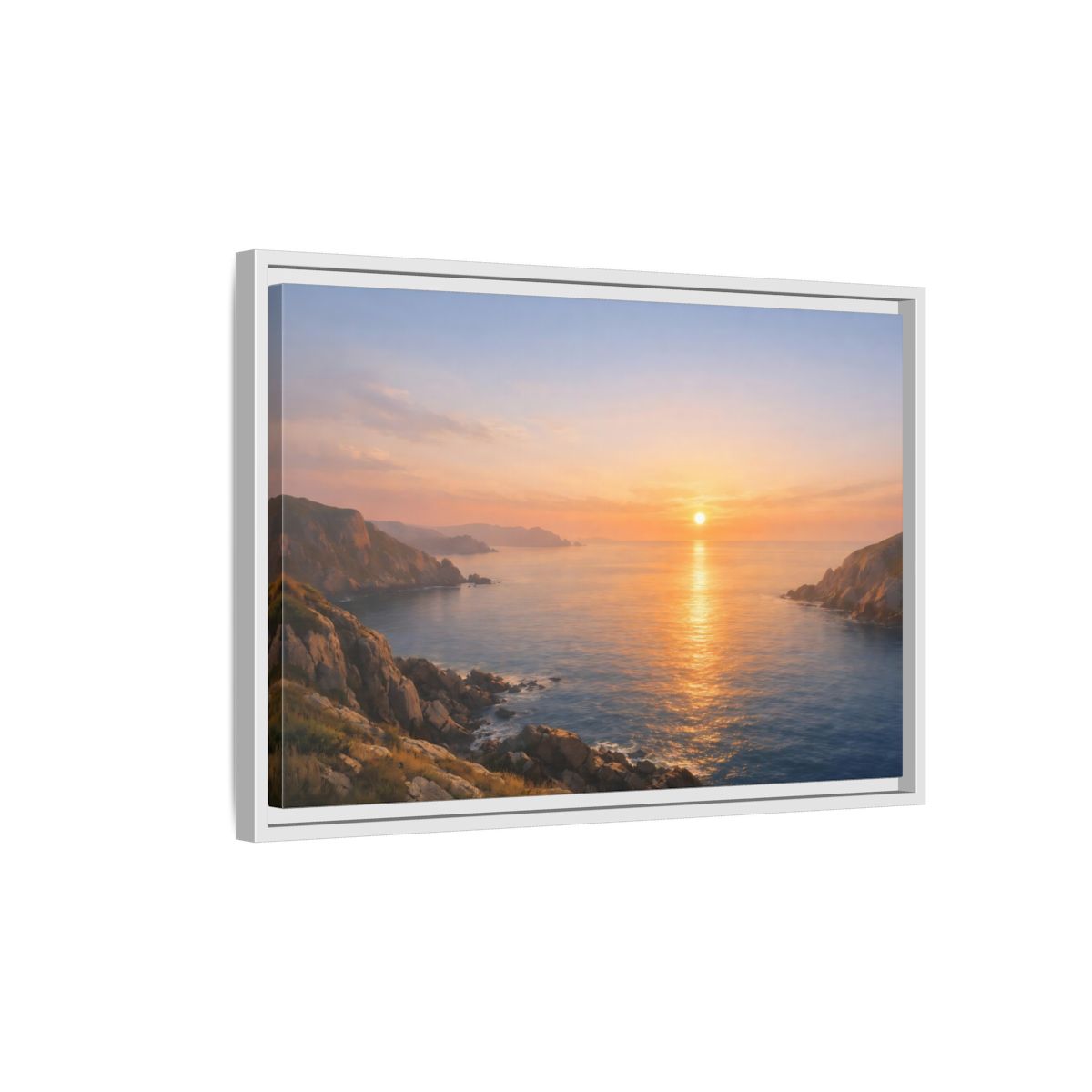 Side Mockup 1. Nature Ocean Sunset Orange Blue Sunset shown as stretched canvas wall art