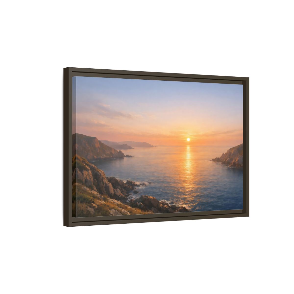Side Mockup 2. Nature Ocean Sunset Orange Blue Sunset shown as stretched canvas wall art