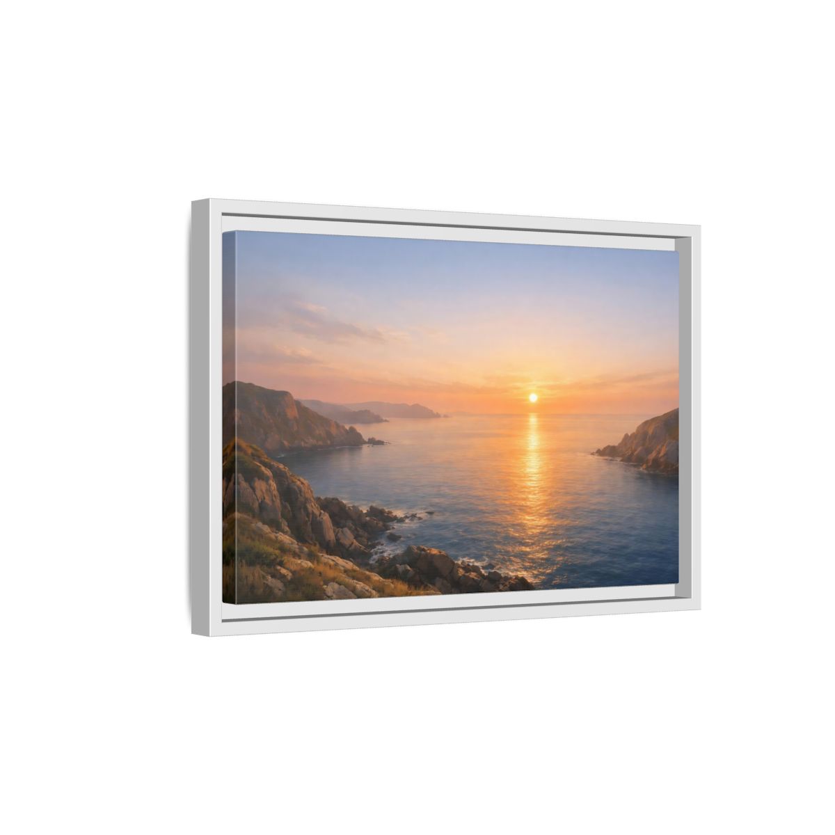 Side Mockup 4. Nature Ocean Sunset Orange Blue Sunset shown as stretched canvas wall art