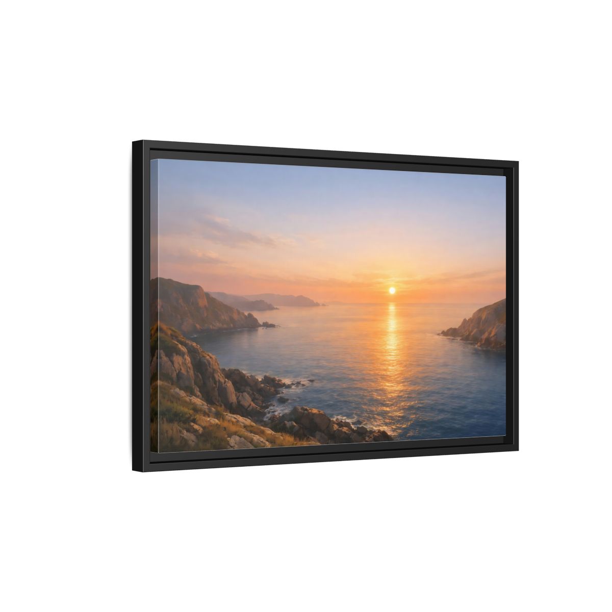 Side Mockup 3. Nature Ocean Sunset Orange Blue Sunset shown as stretched canvas wall art