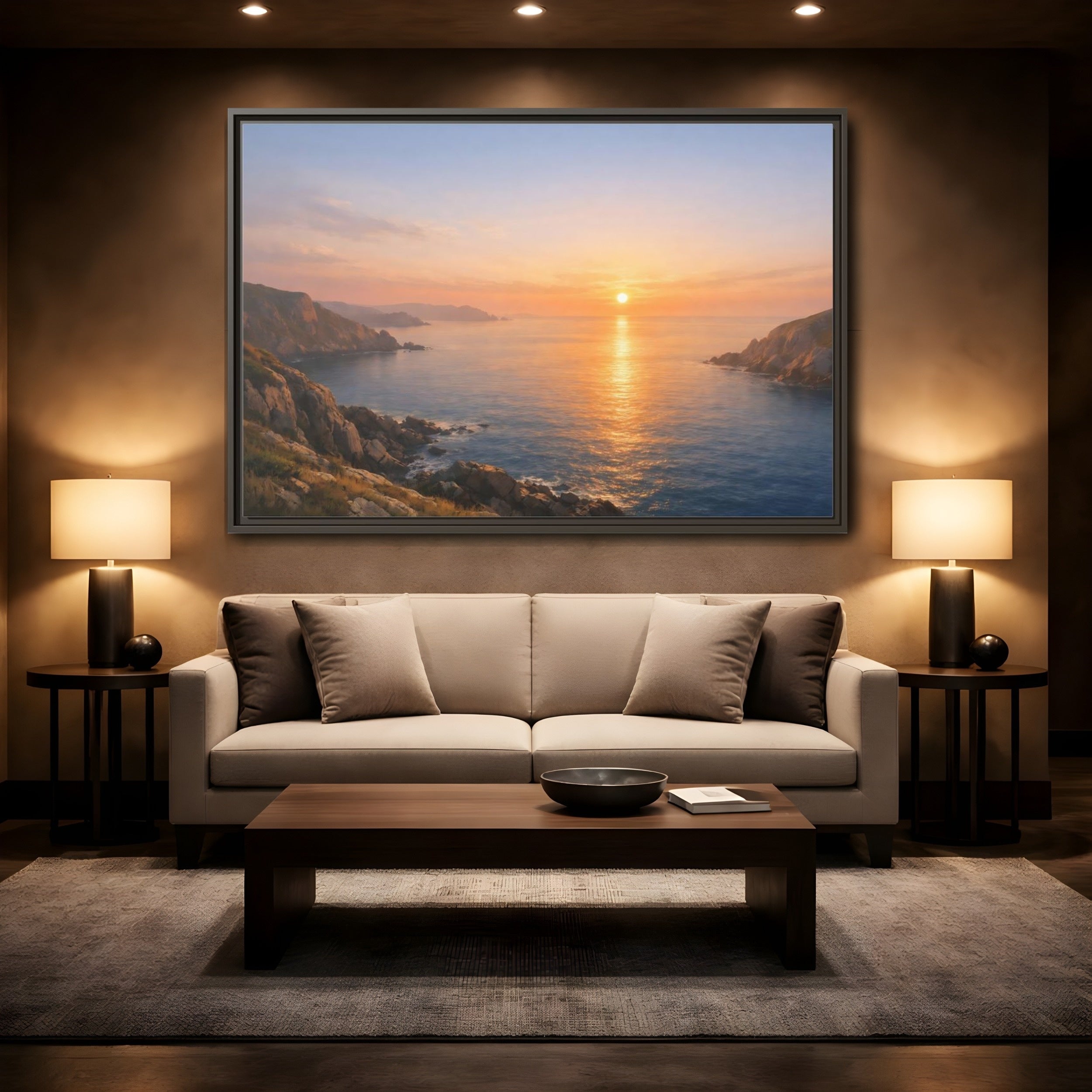 Mockup 2. Nature Ocean Sunset Orange Blue Sunset shown as stretched canvas wall art