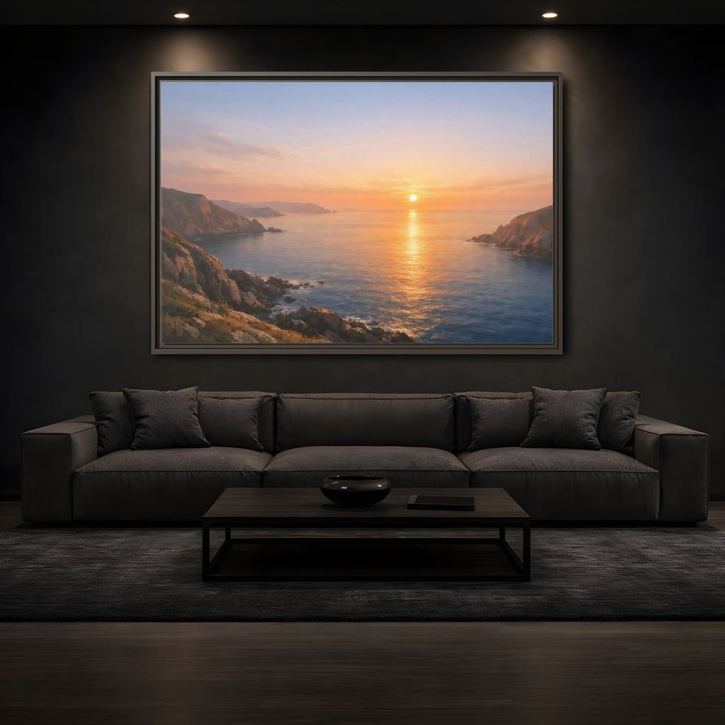 Mockup 3. Nature Ocean Sunset Orange Blue Sunset shown as stretched canvas wall art