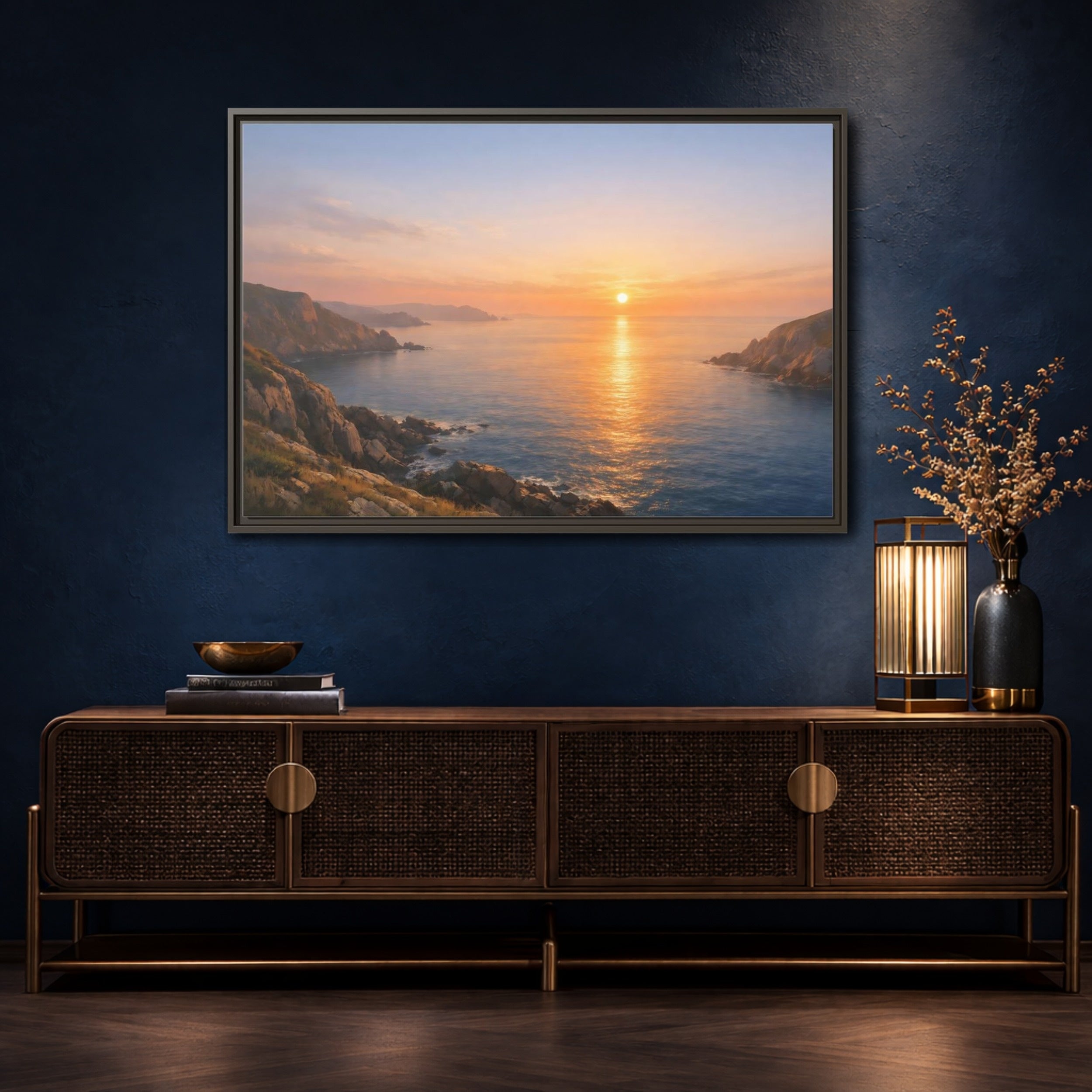 Mockup 4. Nature Ocean Sunset Orange Blue Sunset shown as stretched canvas wall art