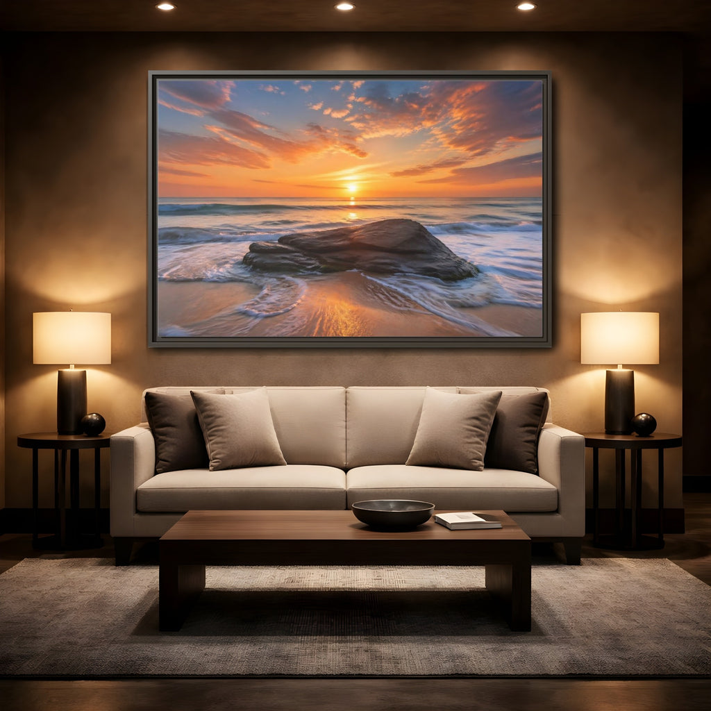Mockup 2. Nature Ocean Sunset Orange Sunset Beach shown as stretched canvas wall art