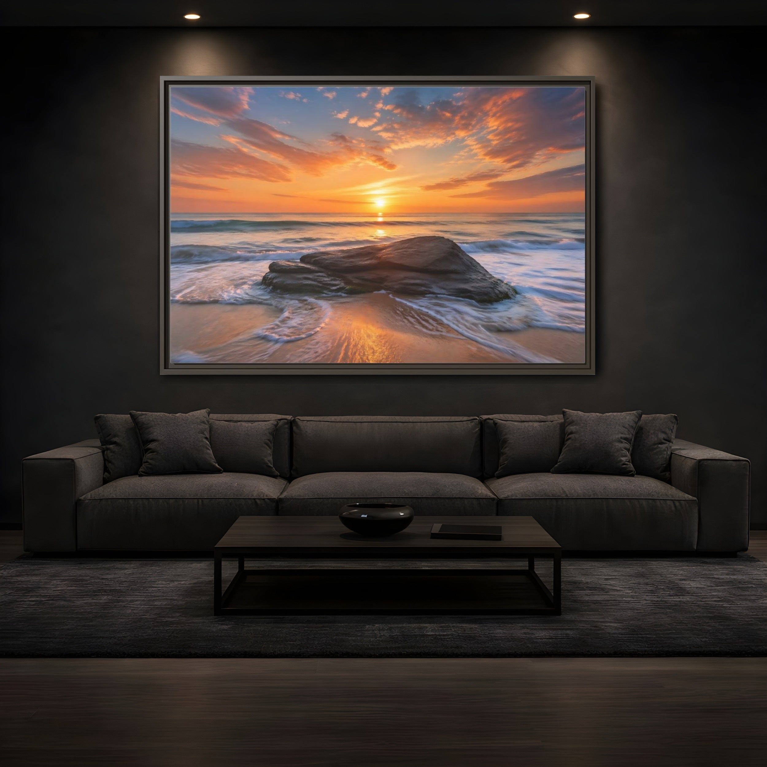 Mockup 3. Nature Ocean Sunset Orange Sunset Beach shown as stretched canvas wall art