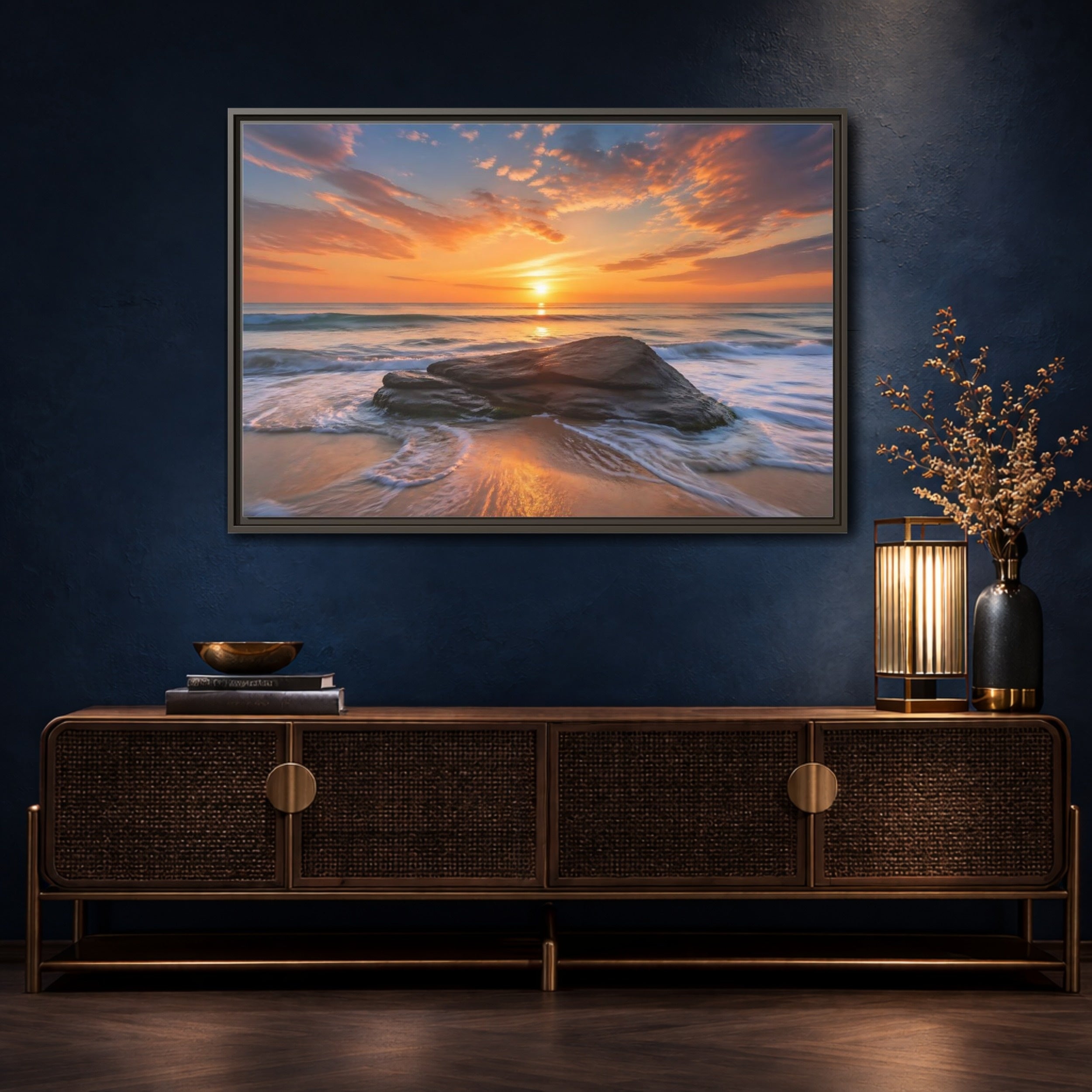 Mockup 4. Nature Ocean Sunset Orange Sunset Beach shown as stretched canvas wall art