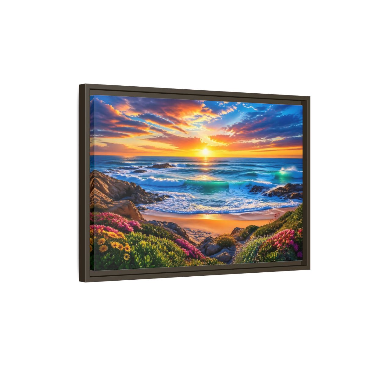 Side Mockup 2. Nature Ocean Sunset Vibrant Ocean Sunset shown as stretched canvas wall art