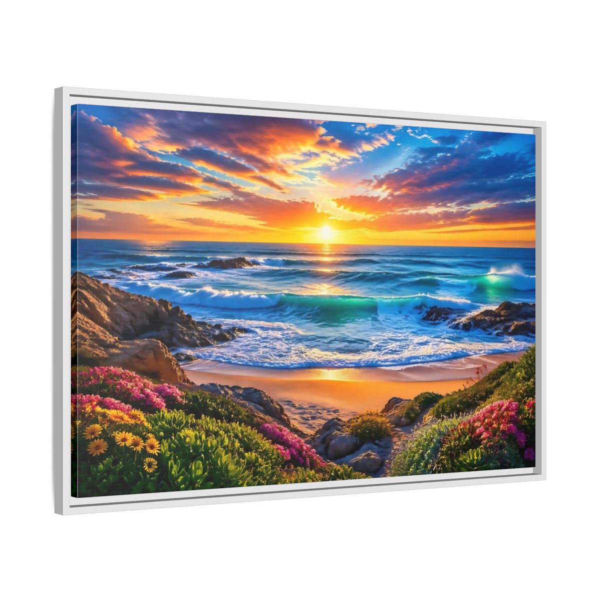 Side Mockup 9. Nature Ocean Sunset Vibrant Ocean Sunset shown as stretched canvas wall art