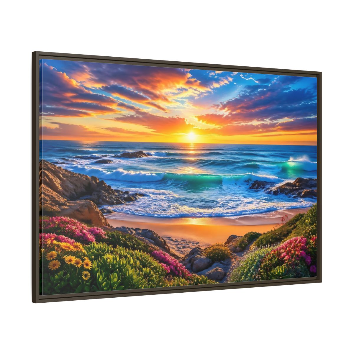 Side Mockup 8. Nature Ocean Sunset Vibrant Ocean Sunset shown as stretched canvas wall art