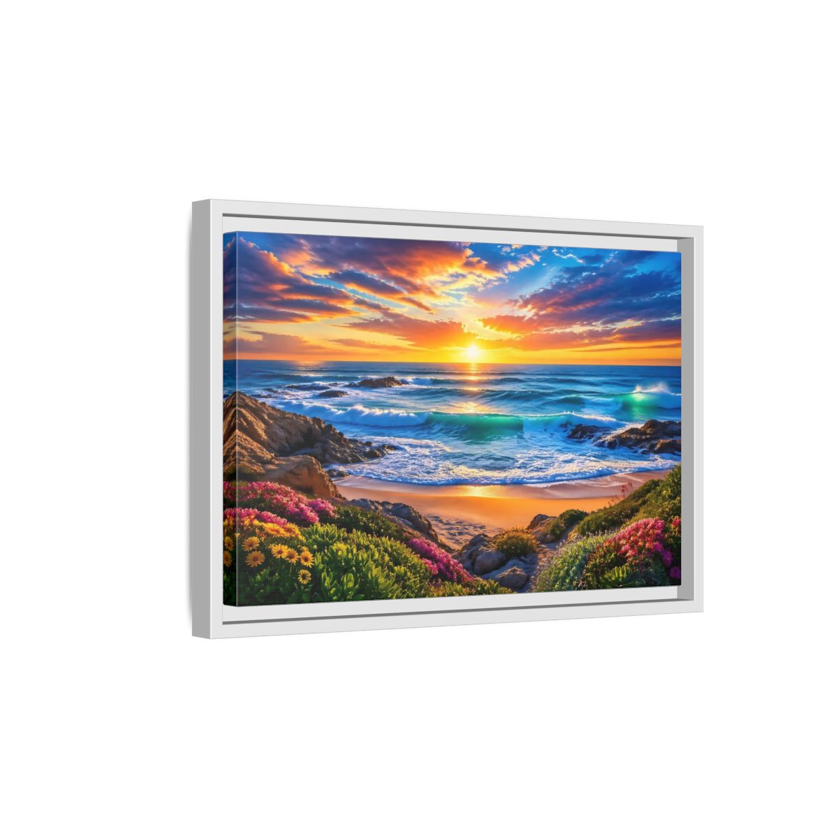 Side Mockup 4. Nature Ocean Sunset Vibrant Ocean Sunset shown as stretched canvas wall art