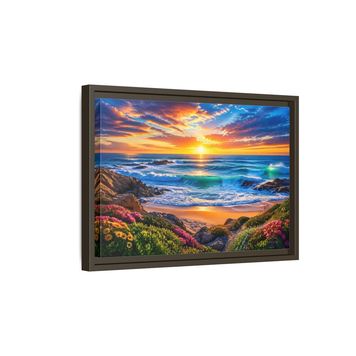 Side Mockup 5. Nature Ocean Sunset Vibrant Ocean Sunset shown as stretched canvas wall art