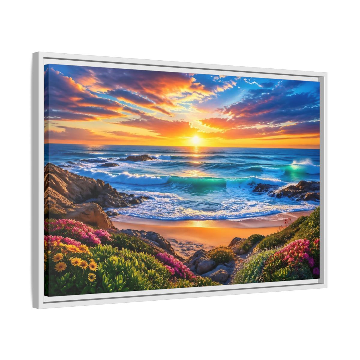 Side Mockup 10. Nature Ocean Sunset Vibrant Ocean Sunset shown as stretched canvas wall art