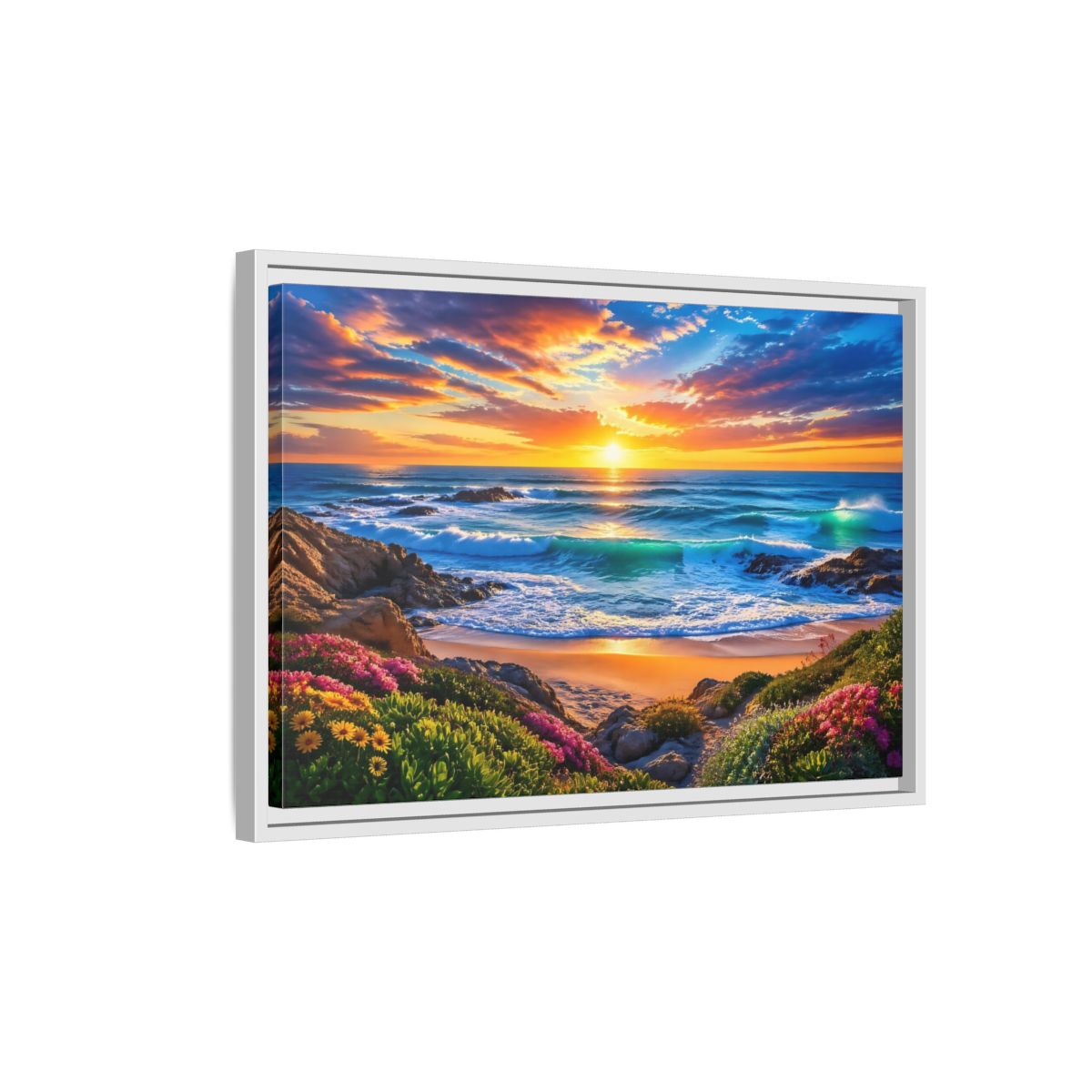 Side Mockup 1. Nature Ocean Sunset Vibrant Ocean Sunset shown as stretched canvas wall art