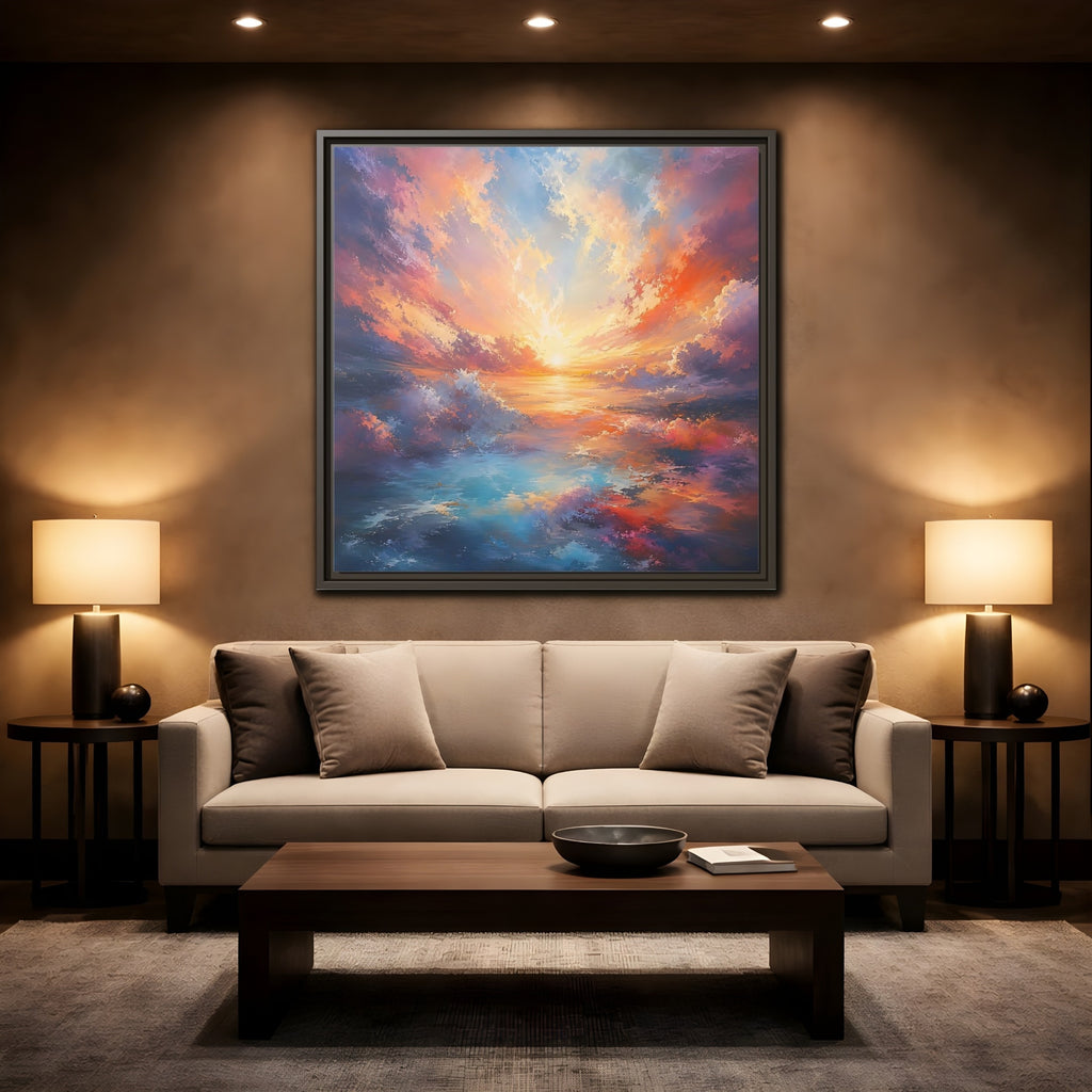 Mockup 2. Nature Ocean Sunset Vibrant Ocean Sunset shown as stretched canvas wall art