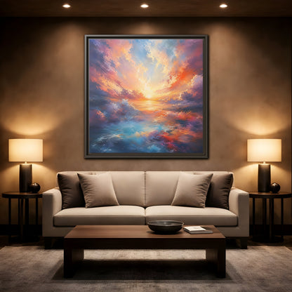 Nature Ocean Sunset Vibrant Framed Canvas Wall Art - Living Room Decor, Above Fireplace shown as canvas wall art