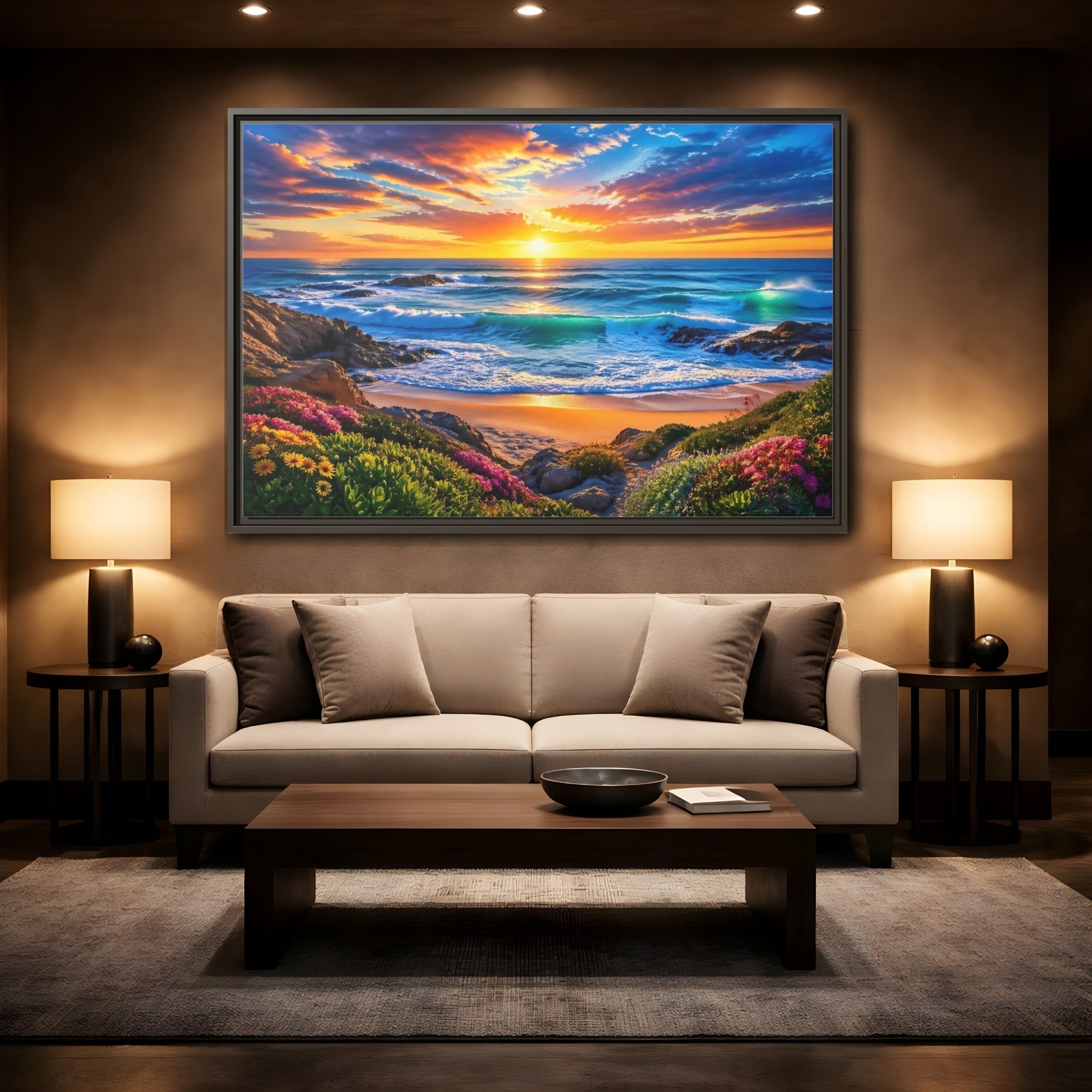 Mockup 2. Nature Ocean Sunset Vibrant Ocean Sunset shown as stretched canvas wall art