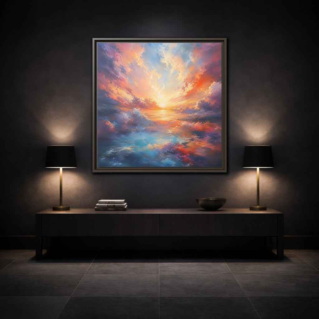 Mockup 3. Nature Ocean Sunset Vibrant Ocean Sunset shown as stretched canvas wall art