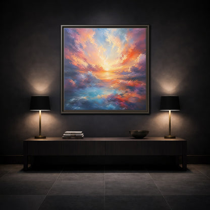 Nature Ocean Sunset Vibrant Framed Canvas Wall Art - Living Room Decor, Above Fireplace shown as canvas wall art