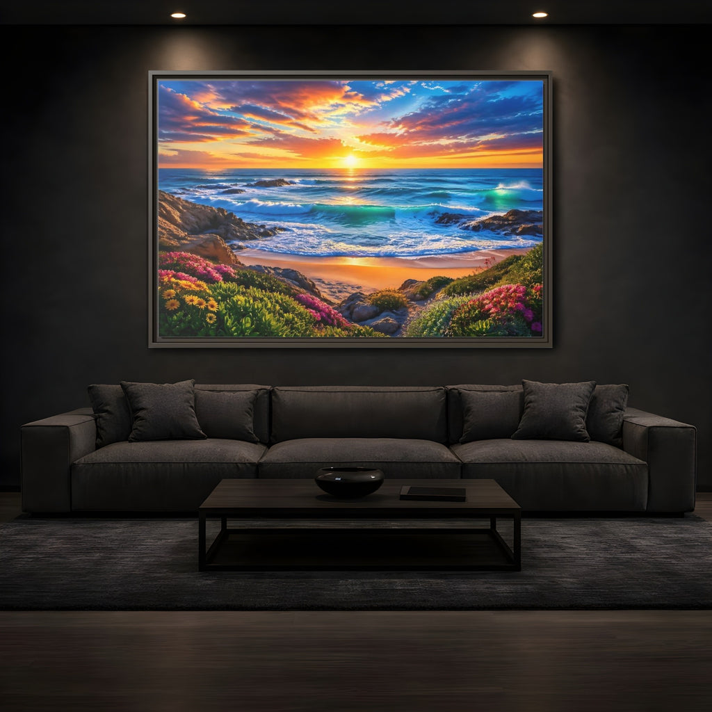 Mockup 3. Nature Ocean Sunset Vibrant Ocean Sunset shown as stretched canvas wall art