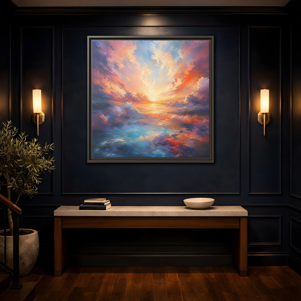 Mockup 4. Nature Ocean Sunset Vibrant Ocean Sunset shown as stretched canvas wall art