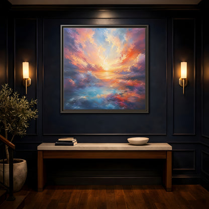 Nature Ocean Sunset Vibrant Framed Canvas Wall Art - Living Room Decor, Above Fireplace shown as canvas wall art