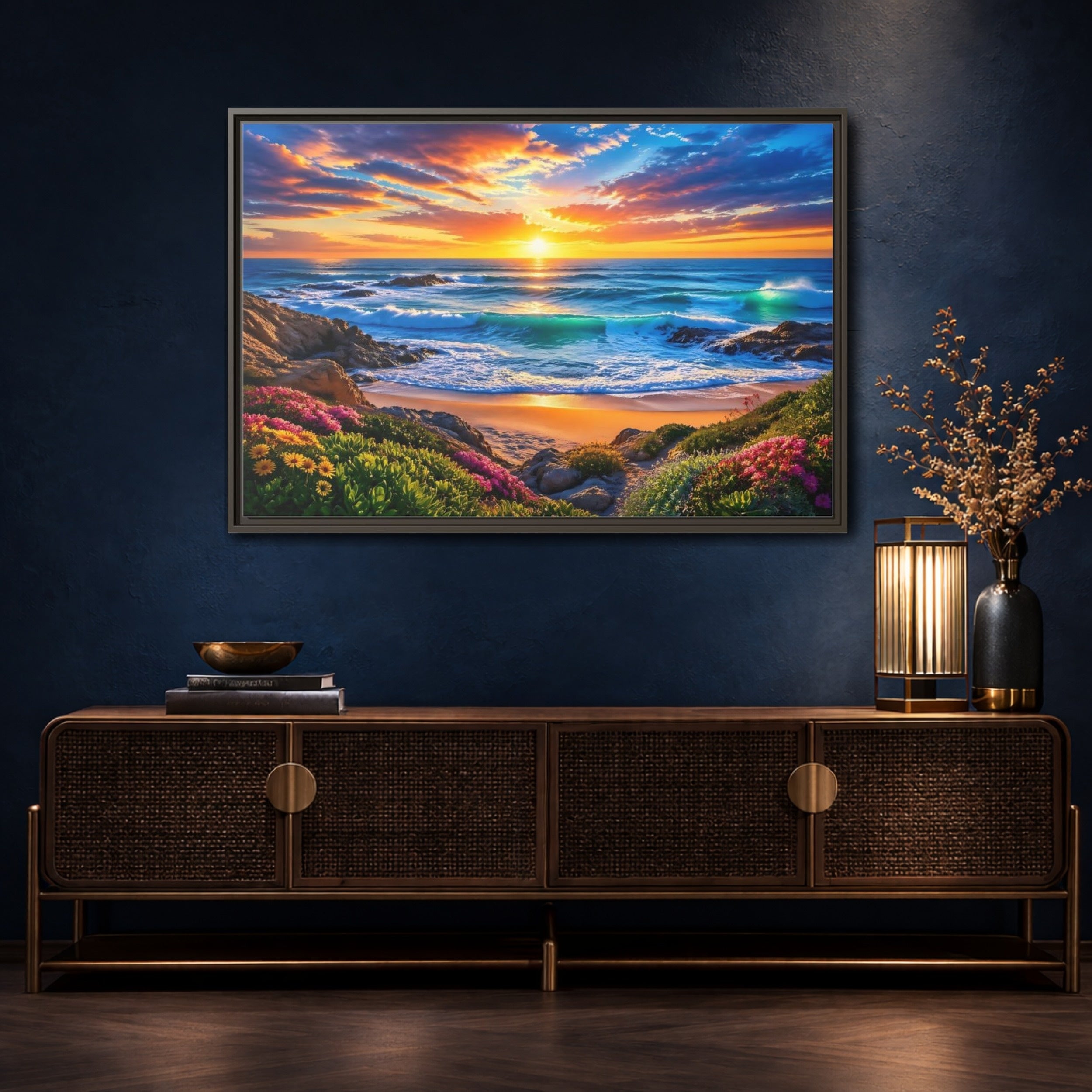 Mockup 4. Nature Ocean Sunset Vibrant Ocean Sunset shown as stretched canvas wall art