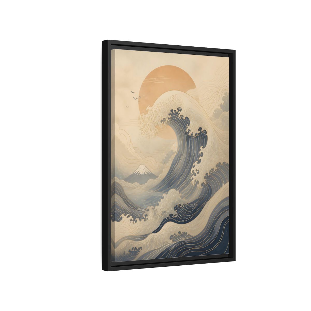 Side Mockup 3. Nature Ocean Wave Blue And Gold Wave shown as stretched canvas wall art