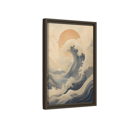 Nature Ocean Wave Blue and Gold Framed Canvas Wall Art - Modern Living Room, Above Couch shown as canvas wall art
